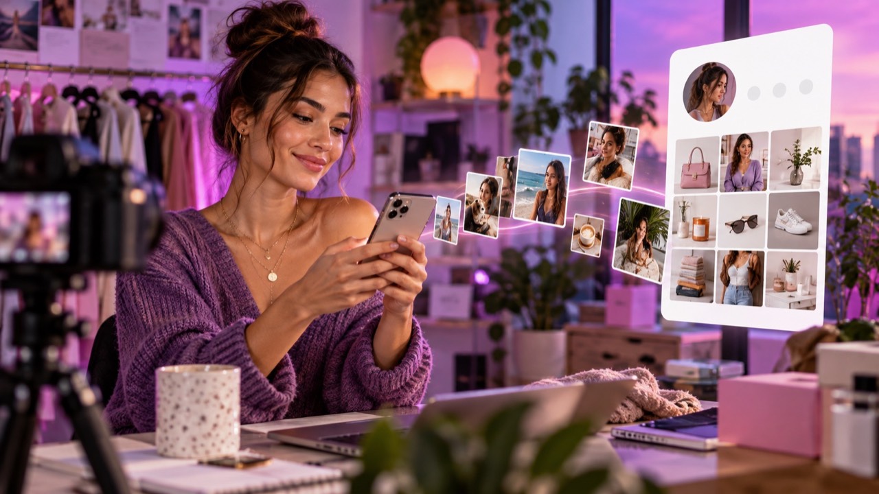 Creator using a smartphone while authentic lifestyle content flows into a generic profile grid