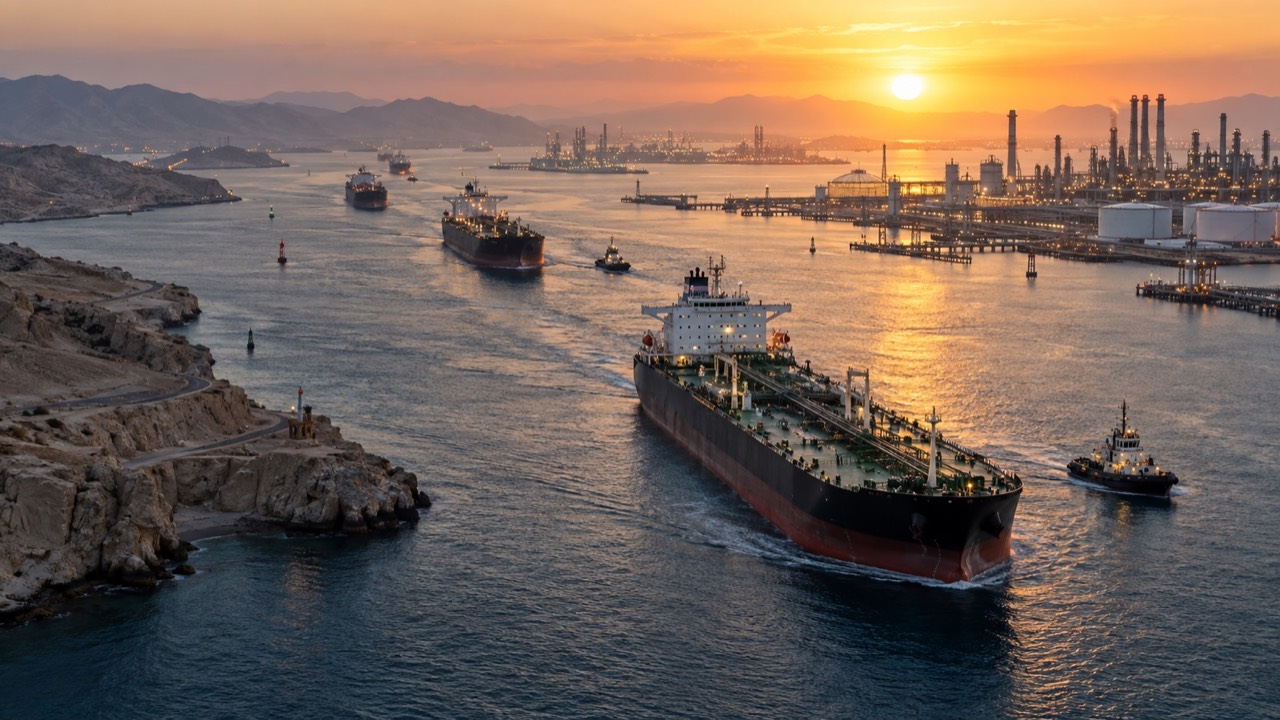 Oil tankers moving through a Gulf shipping corridor beside refinery and logistics infrastructure at dawn