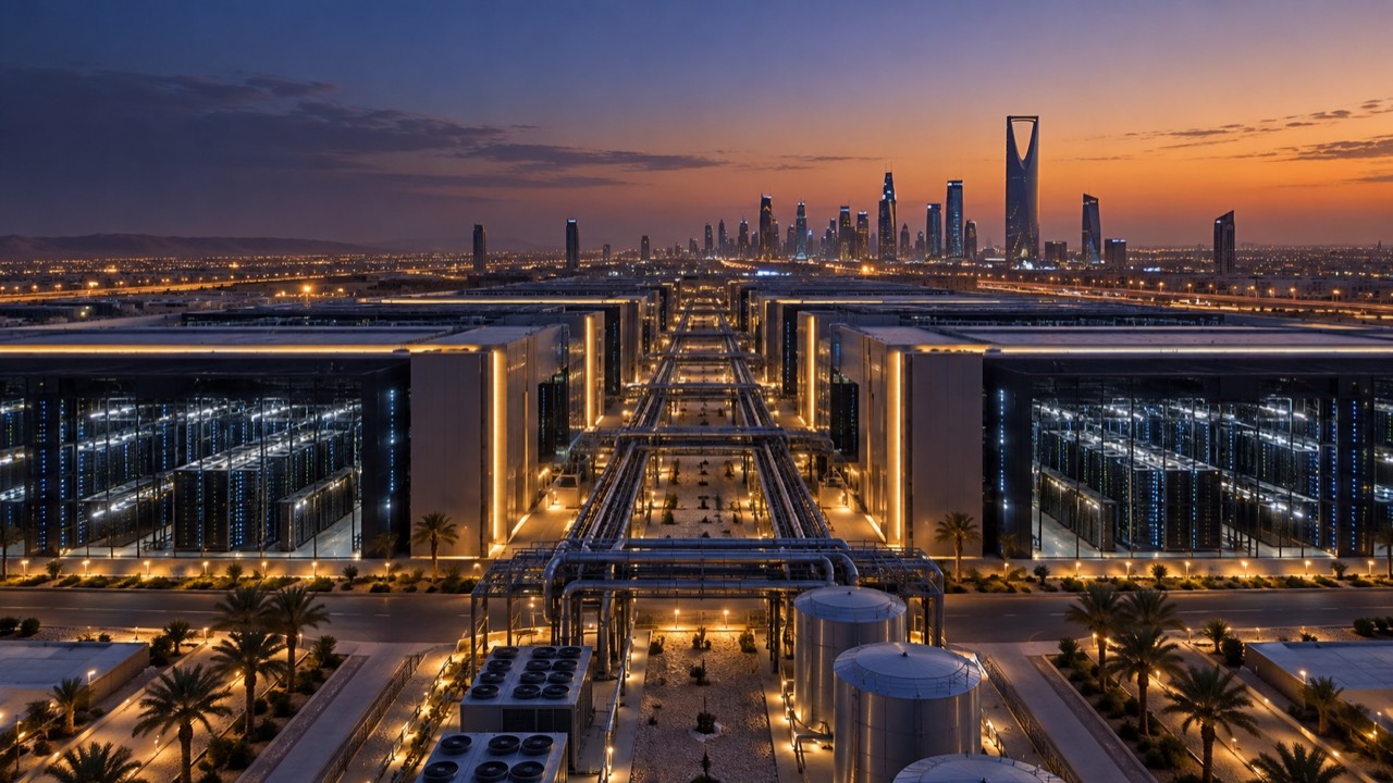 AI-ready data center campus in Riyadh at dusk with server halls and energy infrastructure
