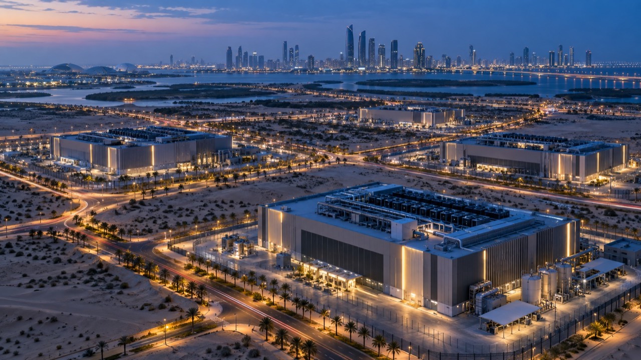 Distributed secure AI data centers across Abu Dhabi connected as a resilient network at blue hour
