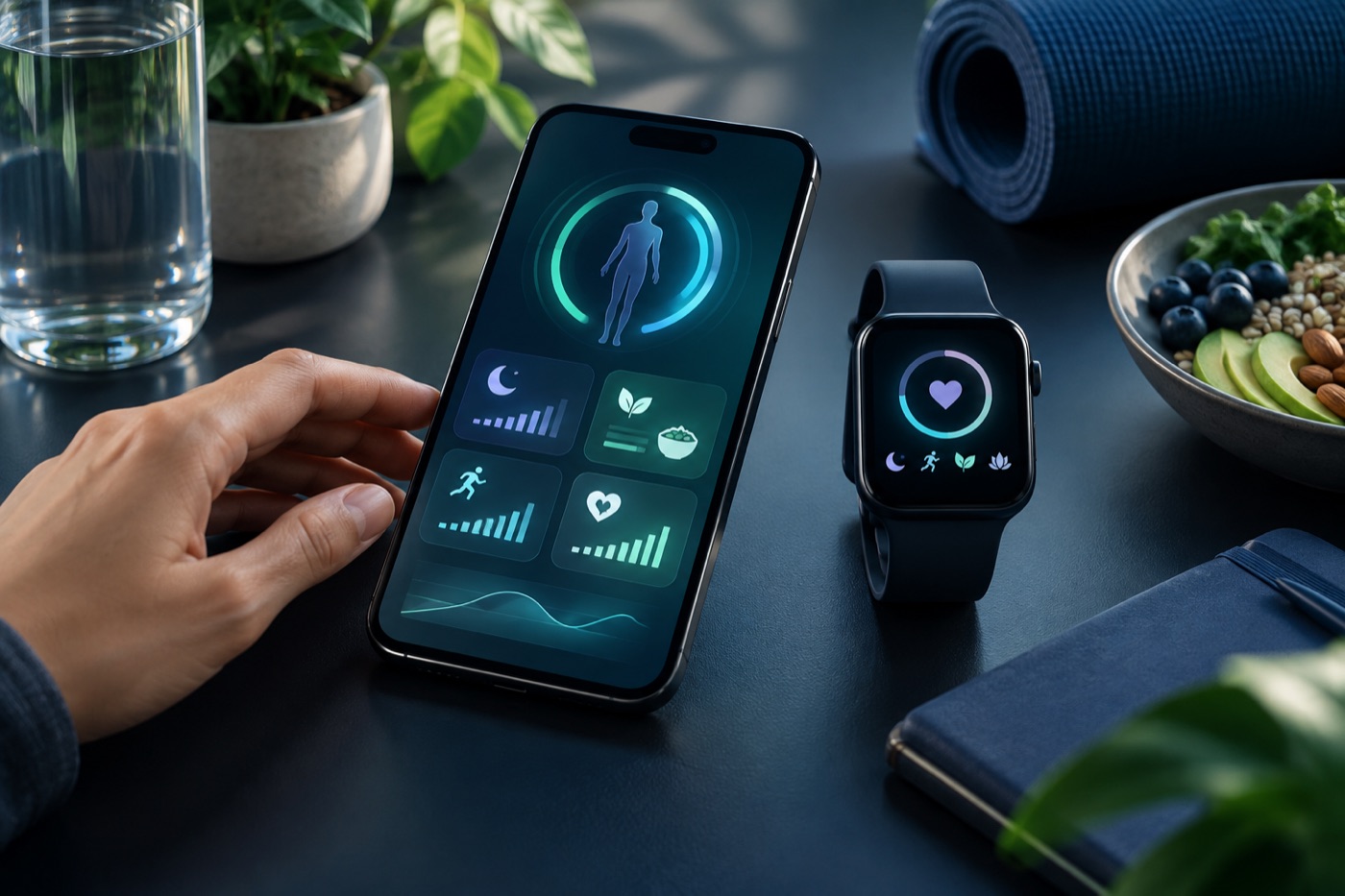 AI health app and smartwatch showing activity, sleep, nutrition and wellbeing indicators on a desk