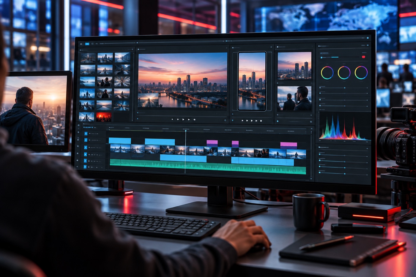Professional newsroom video editor creating broadcast, square and vertical cuts on a large production monitor