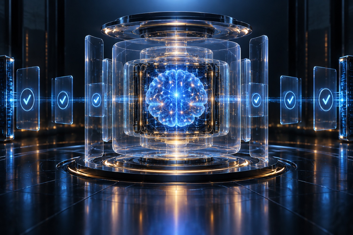 Protected artificial intelligence core surrounded by transparent verification layers in a secure data center