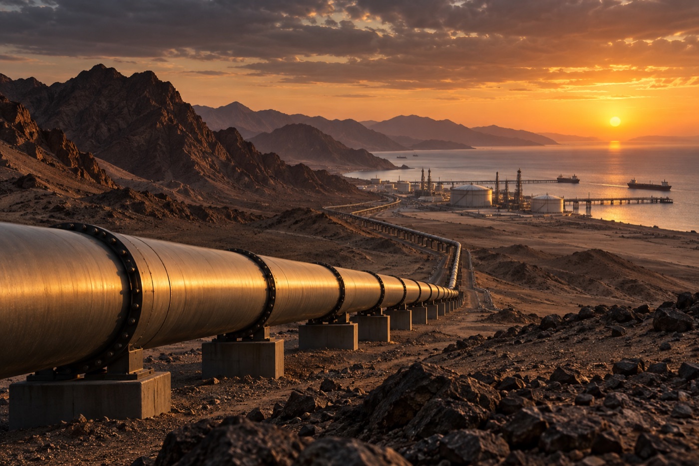 Oil pipeline crossing Saudi mountains toward a Red Sea export terminal at sunset