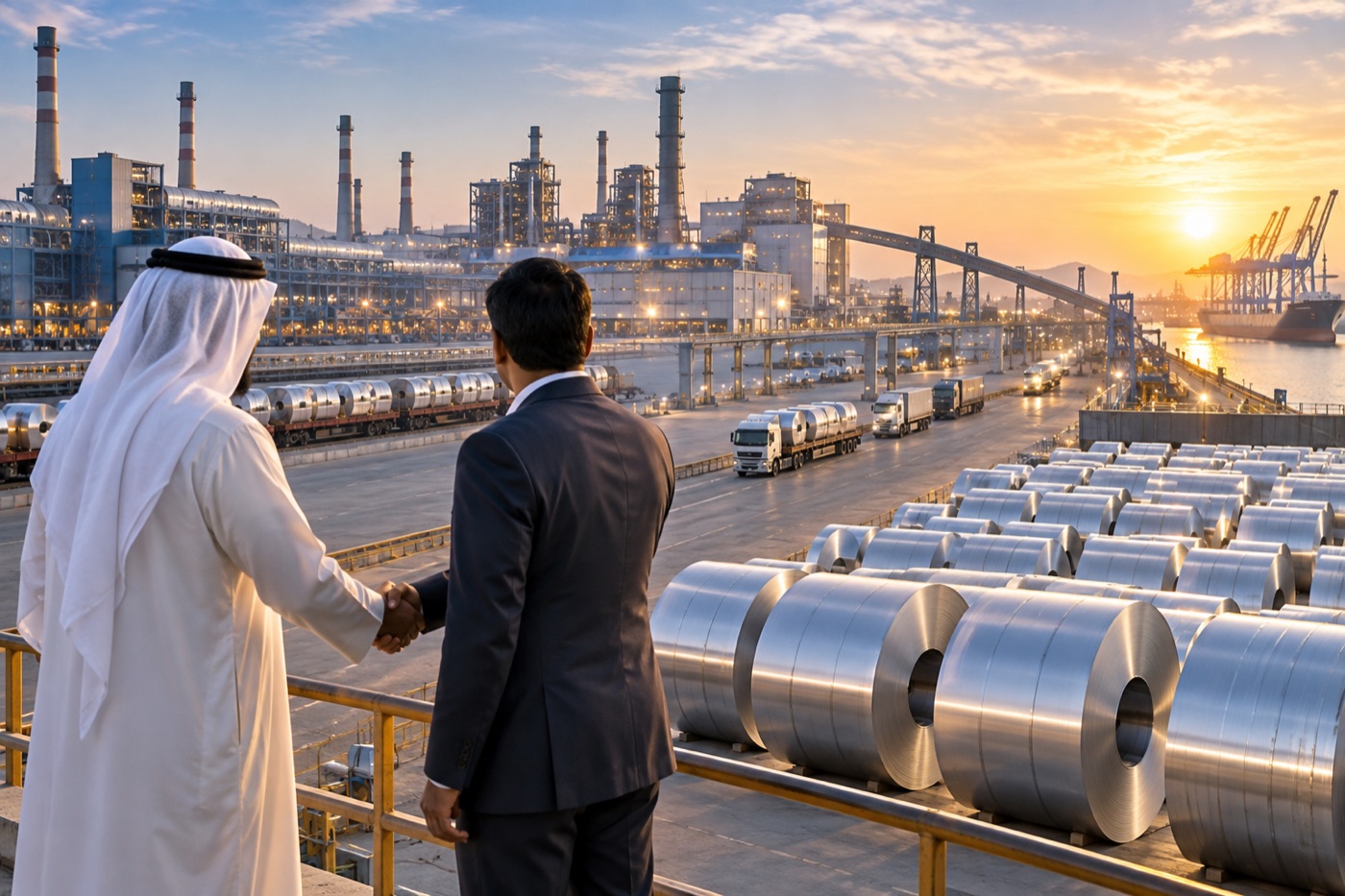 Gulf and Indian executives overlooking an integrated aluminium factory, logistics yard and port at sunrise
