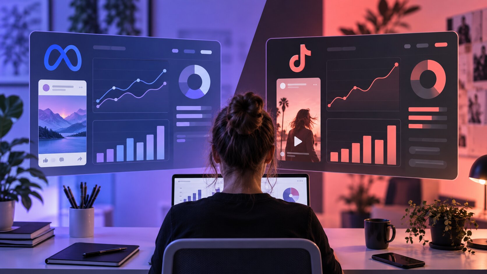 Media buyer comparing two abstract paid-social analytics dashboards