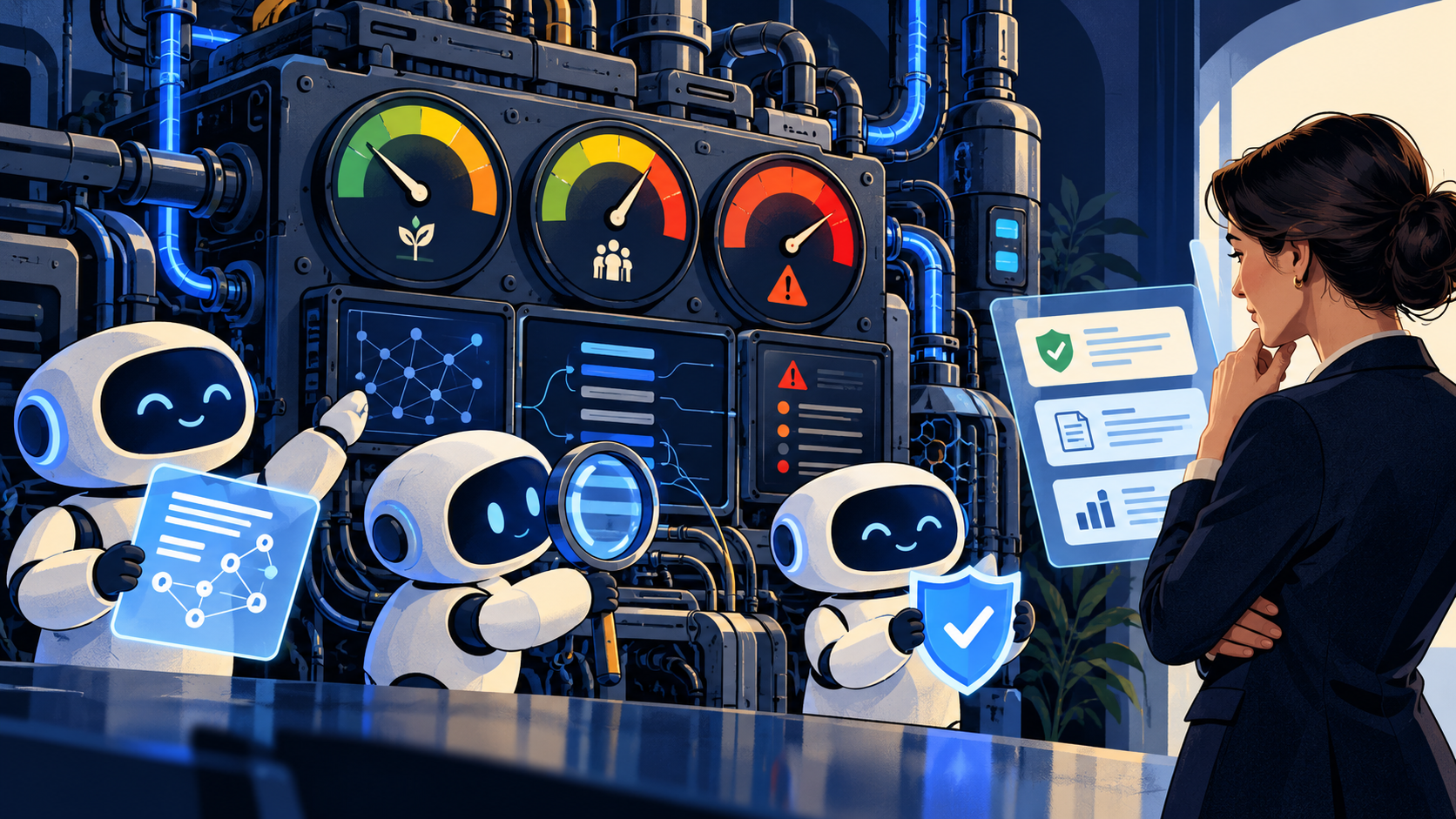 Original editorial illustration of friendly AI mascots beside a complex machine while a business user reviews trust and risk gauges