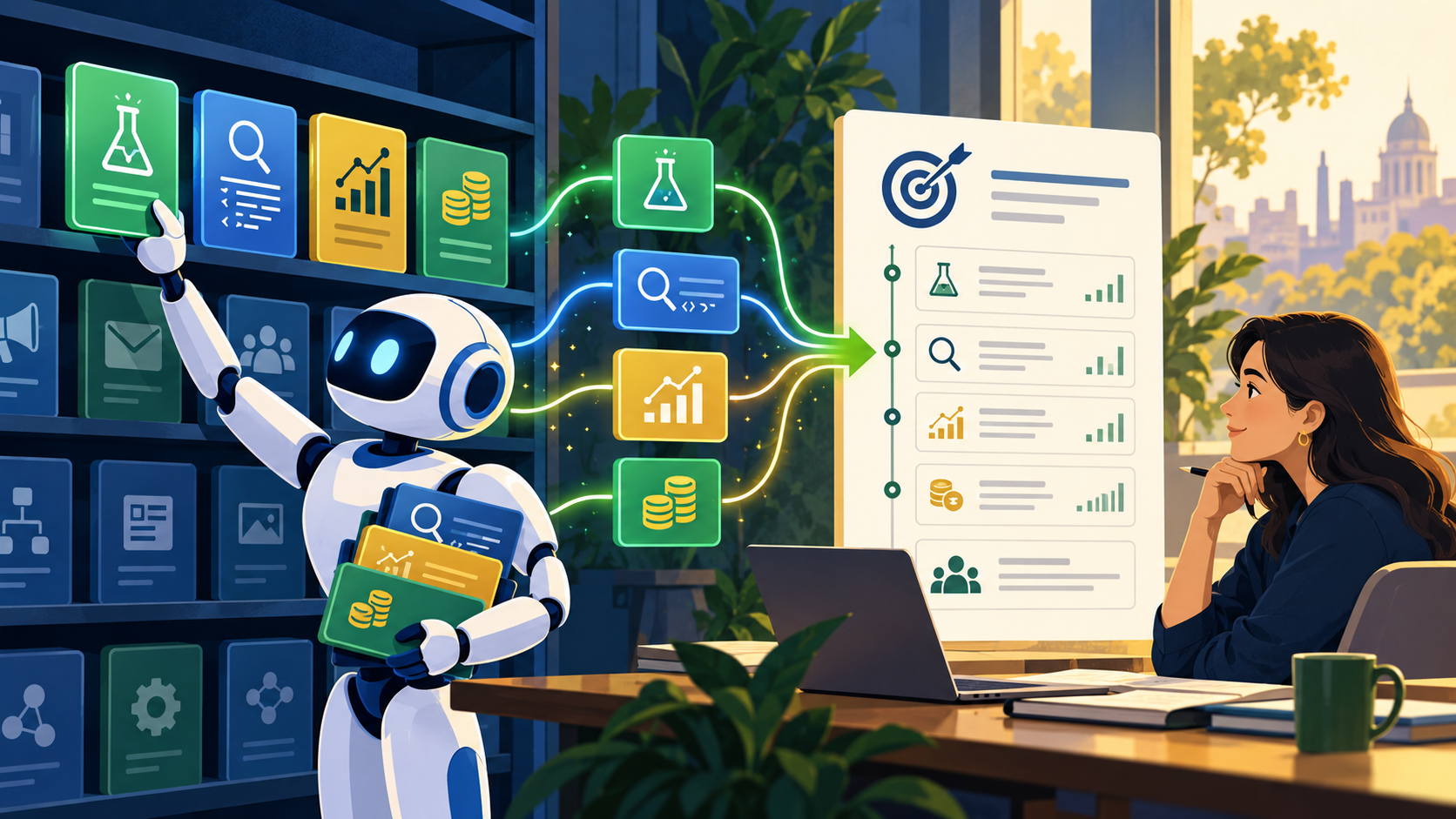 رسم تحريري أصلي لوكيل AI يختار وحدات CRO وSEO والتحليلات والتسعير لبناء خطة حملة يراجعها إنسان