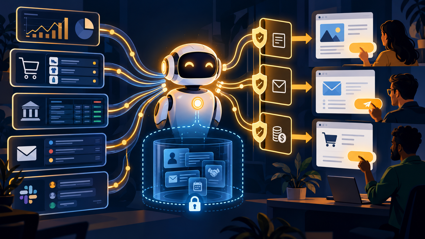 Original editorial illustration of an AI business assistant connecting analytics, commerce, finance, email and messages through permission gates