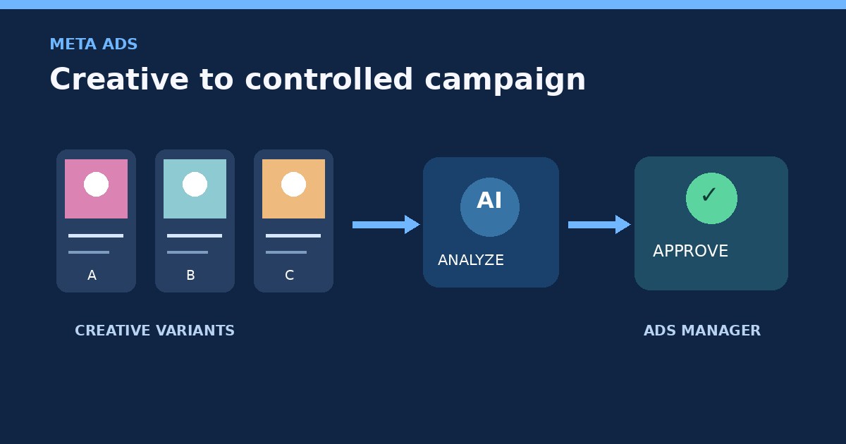 Original illustration of three ad creative variants feeding an AI analysis step and a human approval checkpoint before a Meta campaign