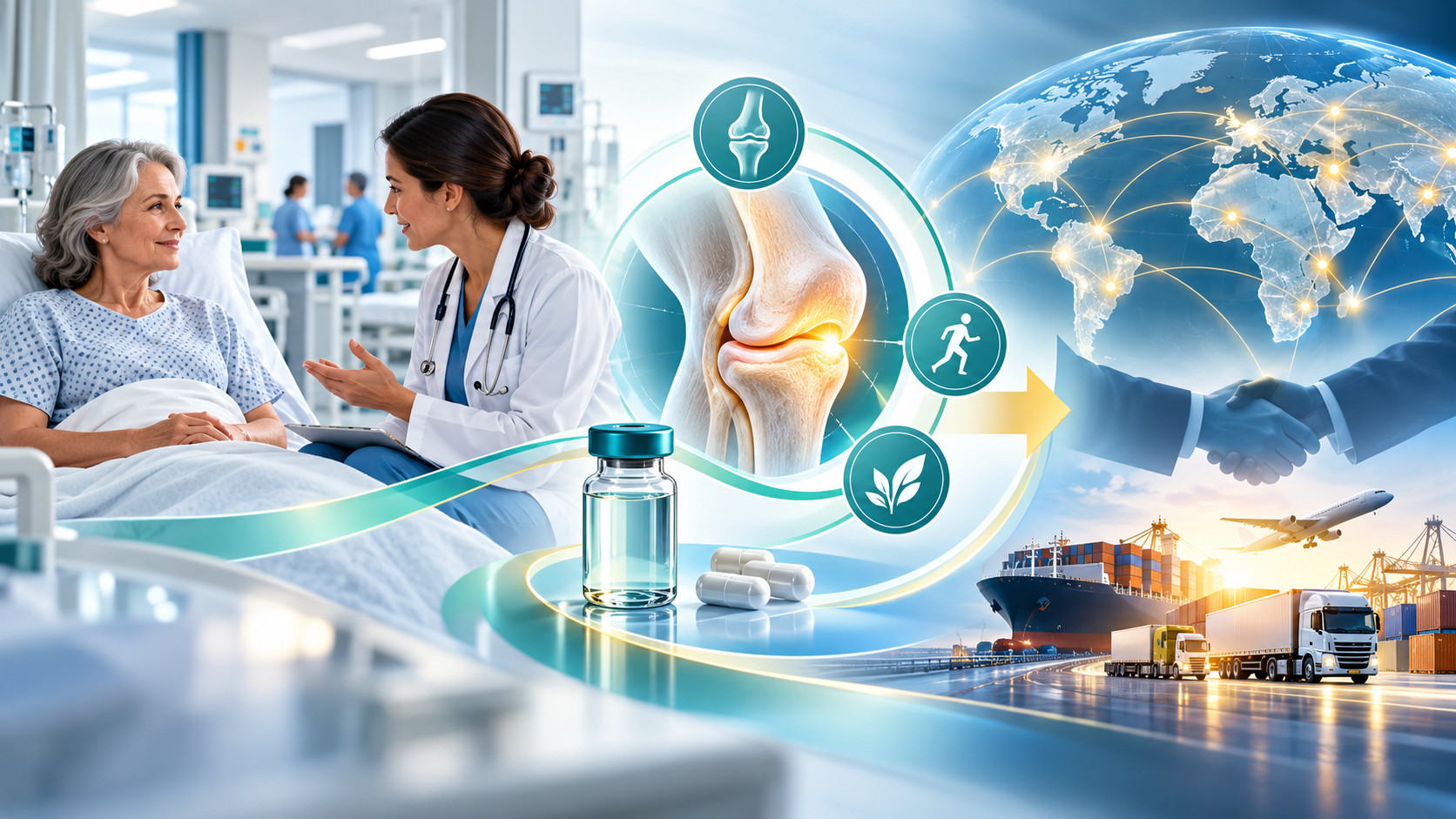 Original illustration linking non-opioid pain pathways and a knee-care symbol to a global pharmaceutical distribution and partnership network