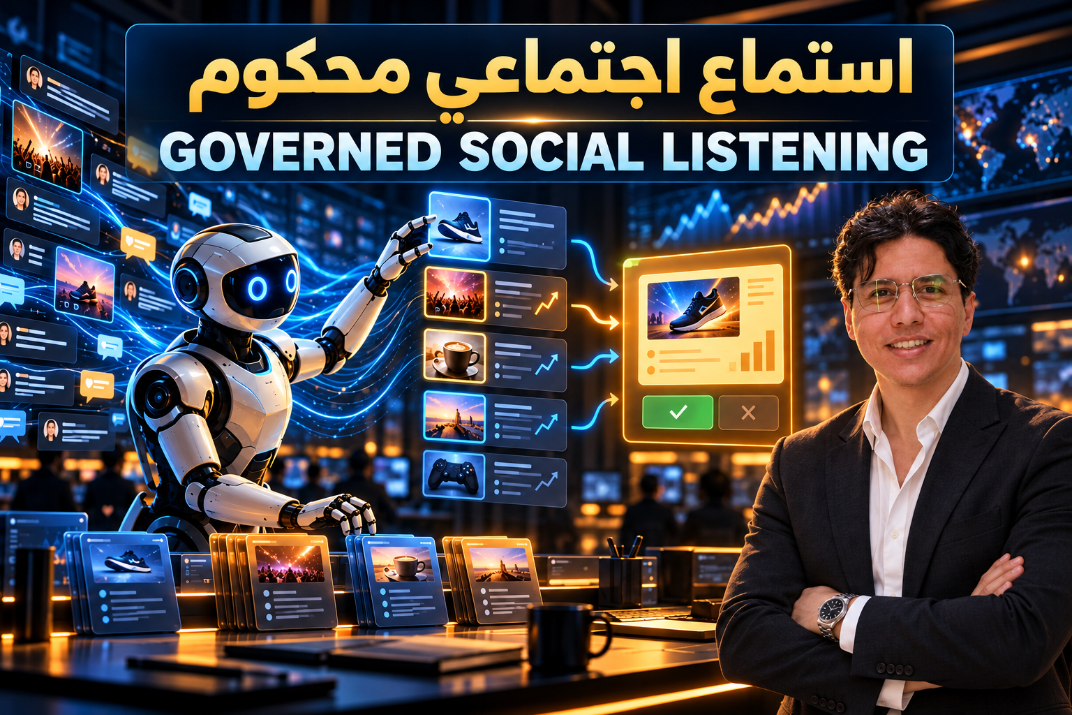 رسم أصلي لمحلل ذكاء يصنف إشارات محادثات عامة بينما تعتمد مسوقة فعل حملة مقترحًا