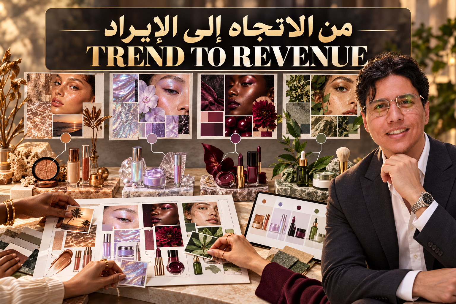 Original beauty trend-planning collage connecting four visual mood boards to products, consultation choices and commerce