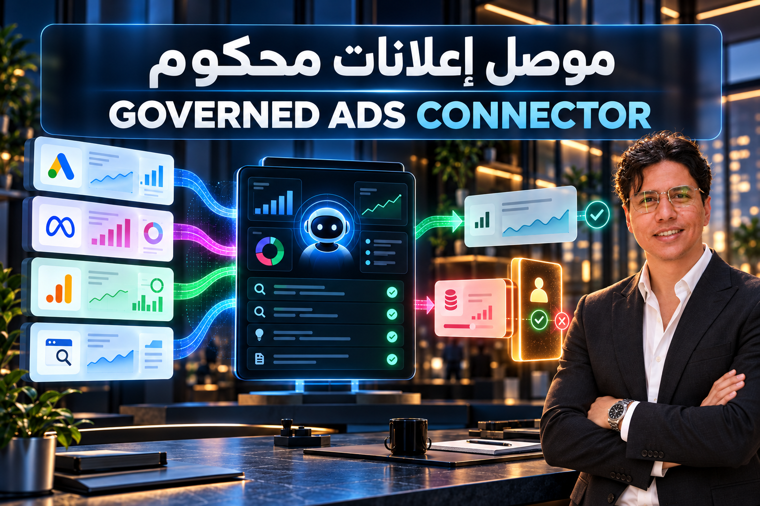 Original illustration of four advertising and analytics data sources entering an agent workspace with a human approval gate for write actions