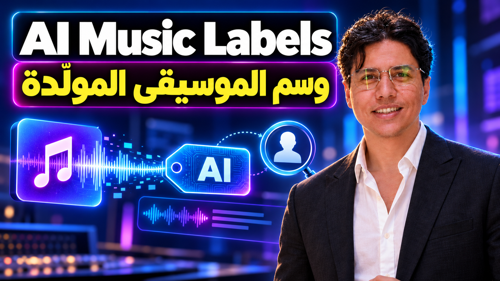 كريم الجنايني بجوار رسم توضيحي أصلي لمصدر الموسيقى؛ تتجه نغمة وموجة صوتية إلى وسم AI مع عدسة ترمز إلى المراجعة البشرية.