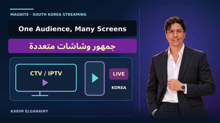 Karim Elganainy beside an original illustration of television and mobile screen roles, with a bilingual South Korea streaming research headline