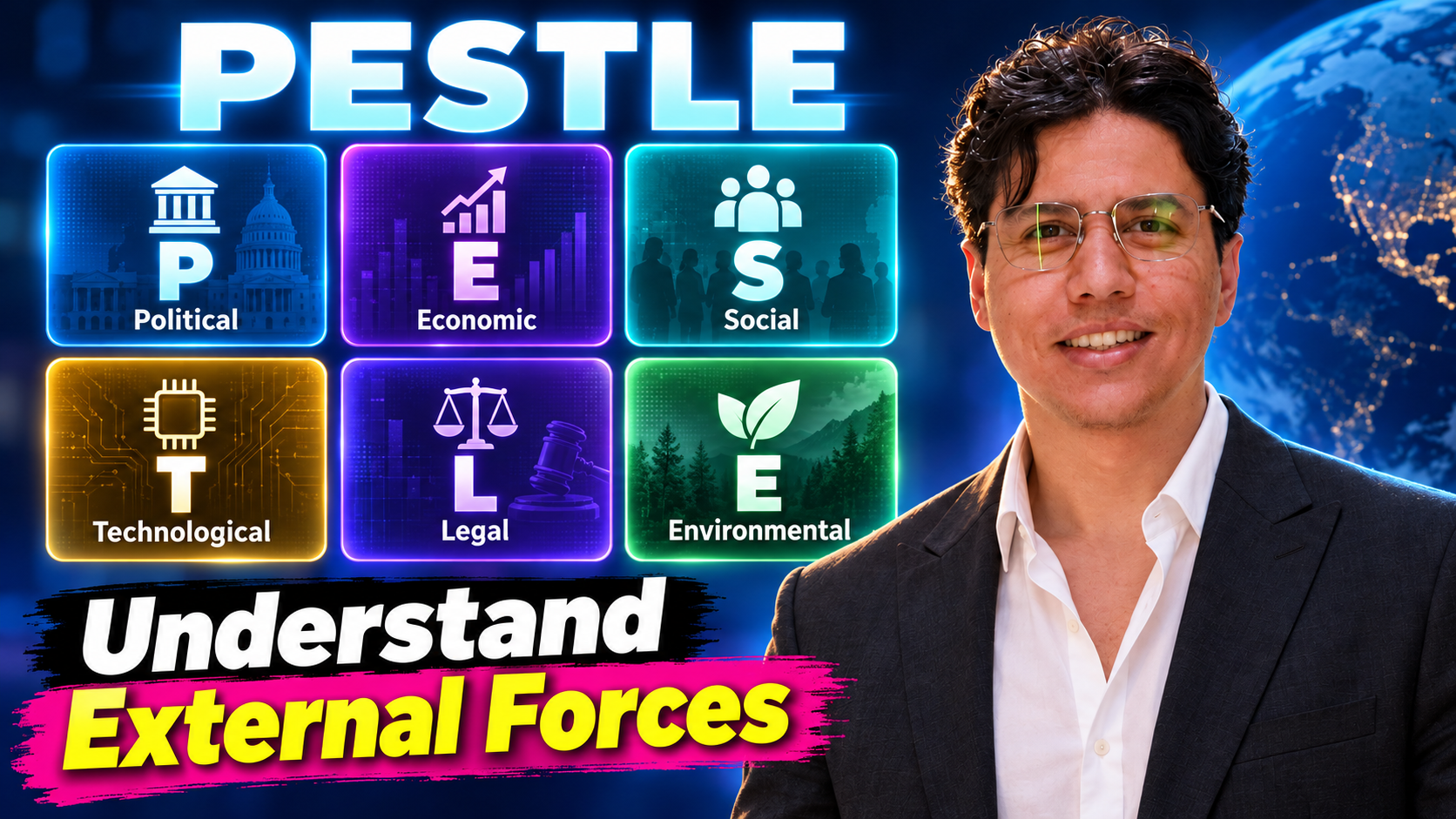 Karim Elganainy beside the six PESTLE factors: Political, Economic, Social, Technological, Legal and Environmental.