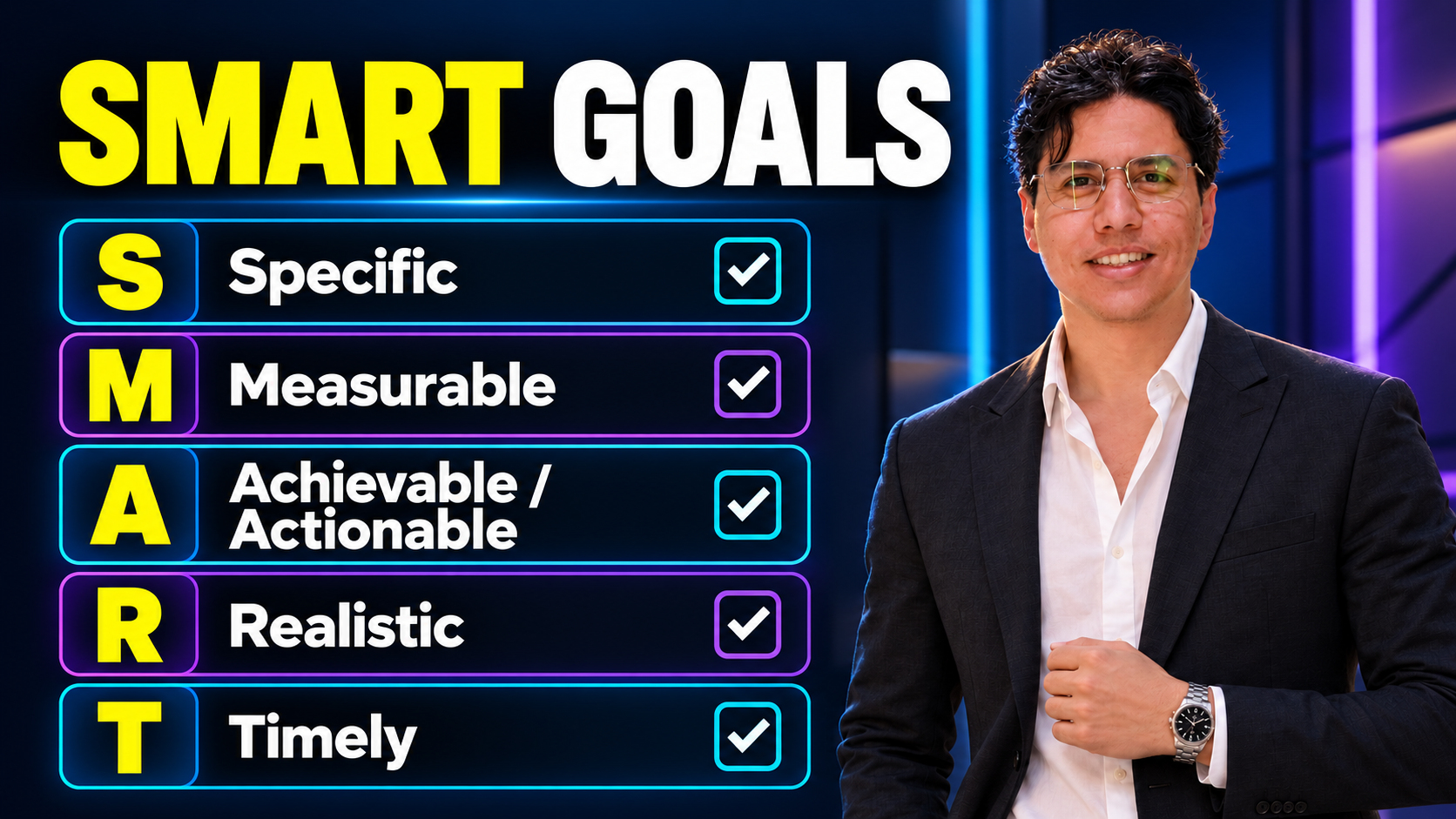 Karim Elganainy in a dark suit and glasses beside the title SMART Goals and a five-criterion checklist: Specific, Measurable, Achievable / Actionable, Realistic and Timely.
