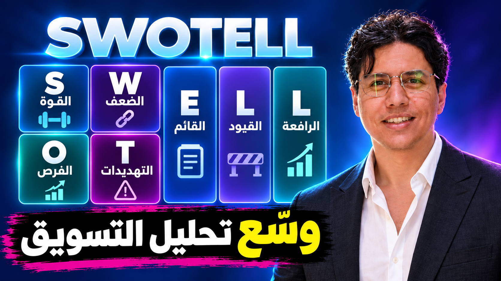 كريم الجنايني بجوار نموذج SWOTELL: القوة والضعف والفرص والتهديدات، والنشاط القائم والقيود والرافعة.