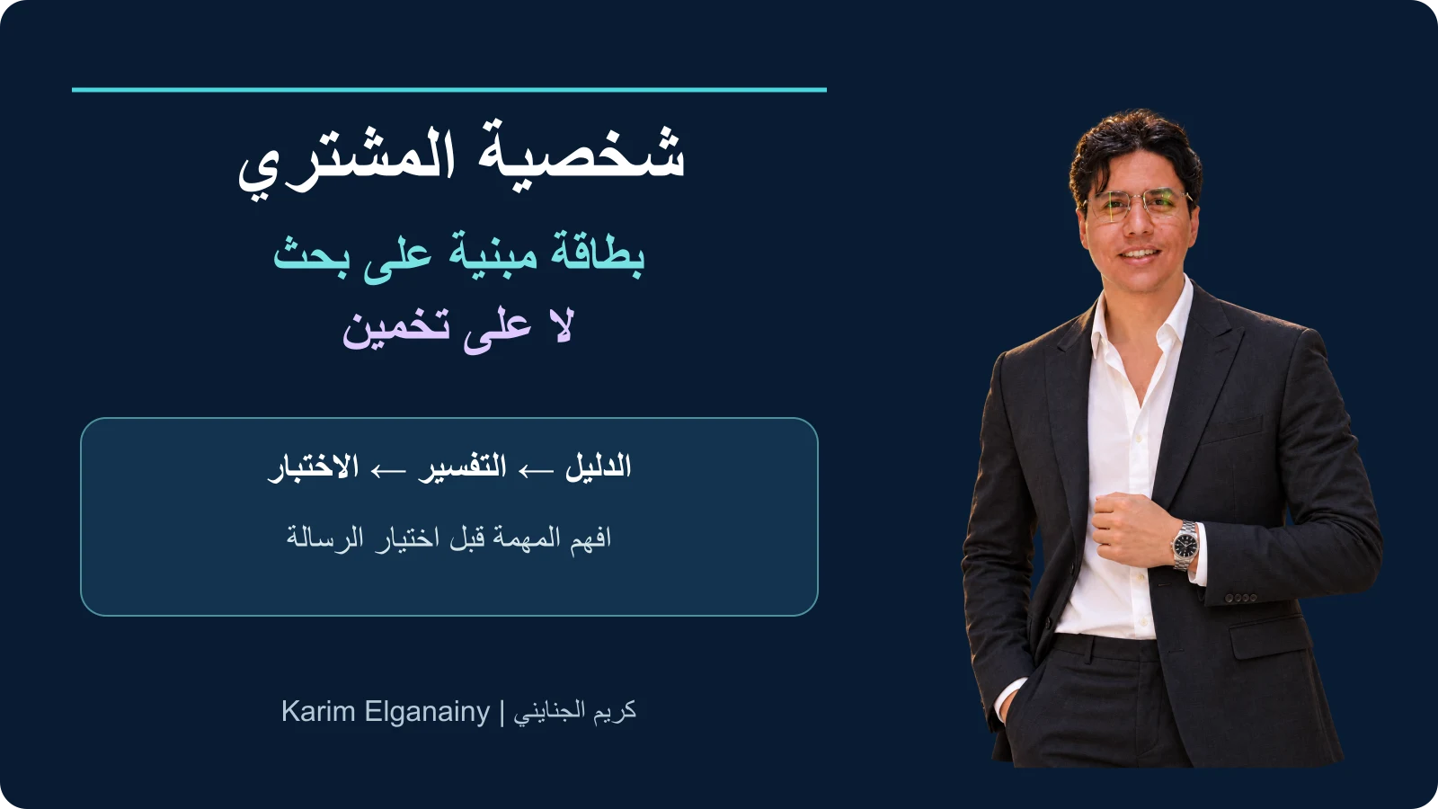 كريم الجنايني Karim Elganainy بجانب رسم يربط الدليل بالتفسير والاختبار، وغلاف درس شخصية المشتري المبنية على البحث.