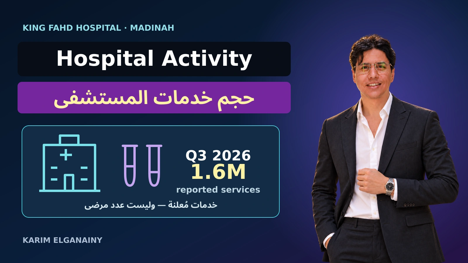 Karim Elganainy beside an original hospital-and-laboratory illustration about reported service activity, not a photograph of King Fahd Hospital.