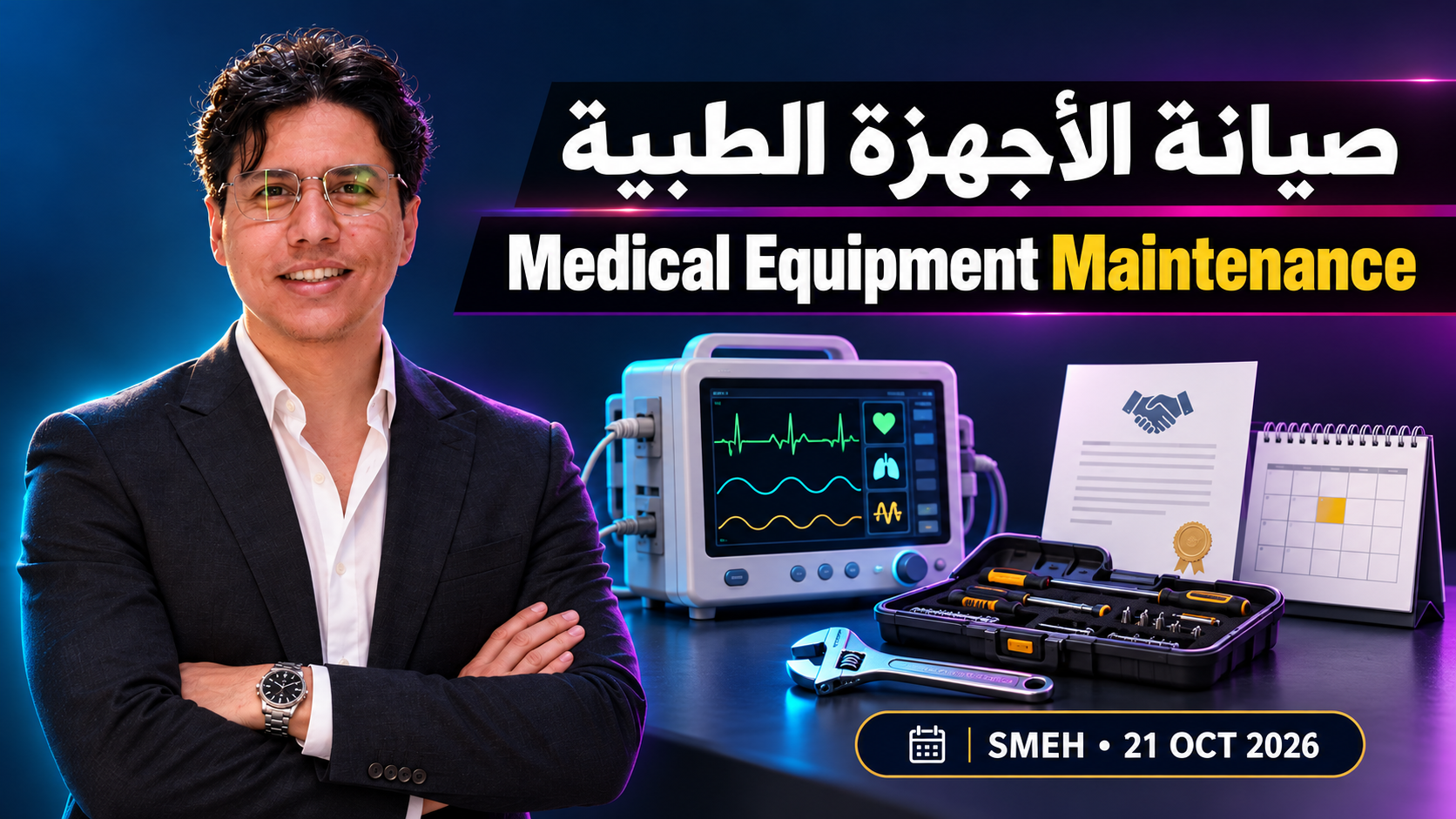 رسم مفاهيمي لأجهزة طبية ووثائق صيانة في بيئة مستشفى، وليس تصويرًا لمشروع الدمام الفعلي.